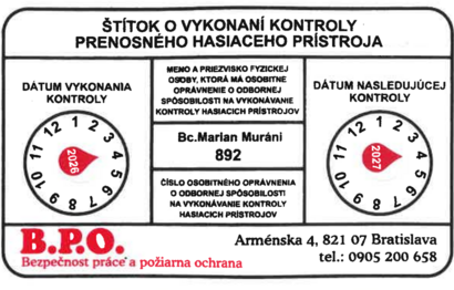 Štítok o vykonaní kontroly hasiaceho prístroja