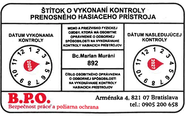 Štítok o vykonaní kontroly hasiaceho prístroja
