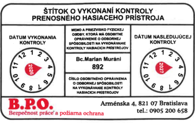Štítok o vykonaní kontroly hasiaceho prístroja