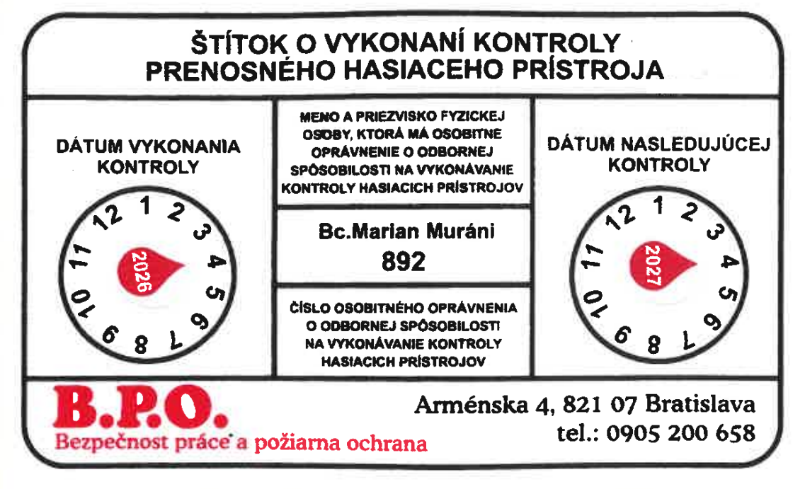 Štítok o vykonaní kontroly hasiaceho prístroja